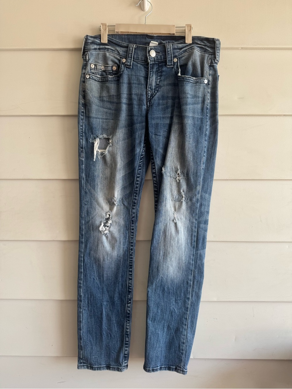 True Religion Unisex Blue Distressed Slim Jeans Sz 30